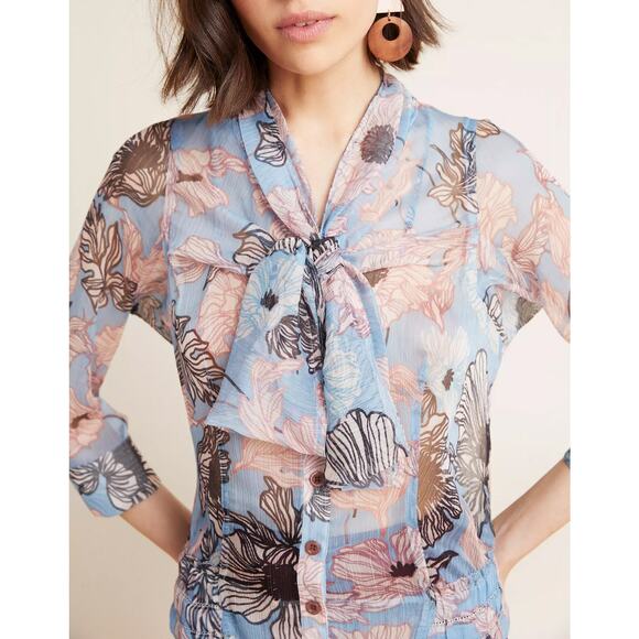 Byron Lars Pastel Blouse Blue Pink Floral Print Tie Neck Sheer Button Front SZ 2 - Picture 1 of 7